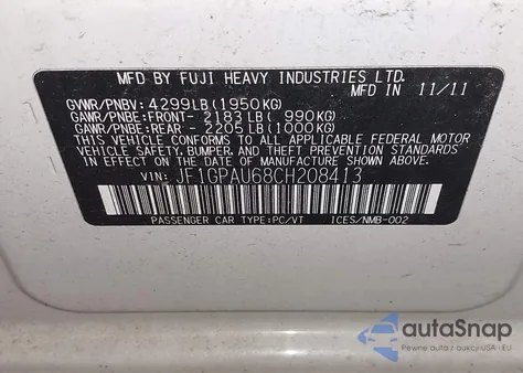 2012 Subaru Impreza 2.0I Sport Limited z USA, uszkodzony, nr VIN JF1GPAU68CH208413